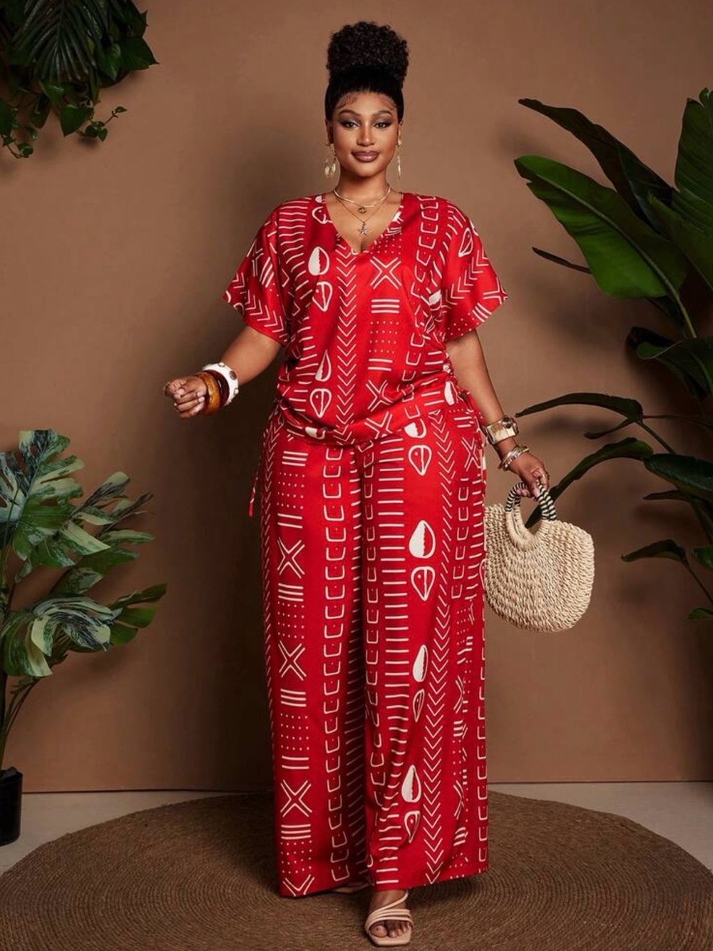 Plus-Size Red Printed Wide-Leg Jumpsuit - Picture 4 of 7